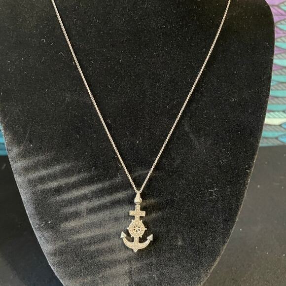 Diamond Anchor 1 3/8" w bale 0.925 Sterling Silver estate 18" chain Necklace